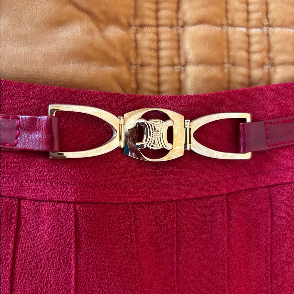 Vintage Celine Paris Red Pleated Wool Skirt w/ Triomphe Belt - FR 40